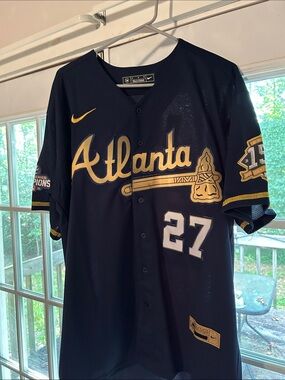 Nike Navy and Gold Austin Riley #27 Atlanta Baseball Jersey